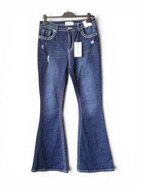 High Waist Flare Jeans Distressed Crop / Short Blue Size 13